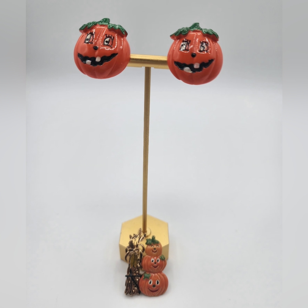 Festive Pumpkin Brooch With Gold Accents And Clip  Earrings